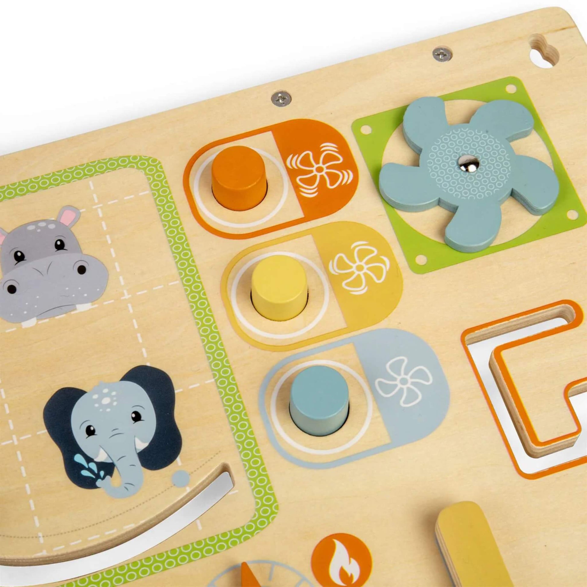 Close-up of colourful push buttons and a blue spinning fan detail on a wooden sensory board with animal illustrations and pastel accents.