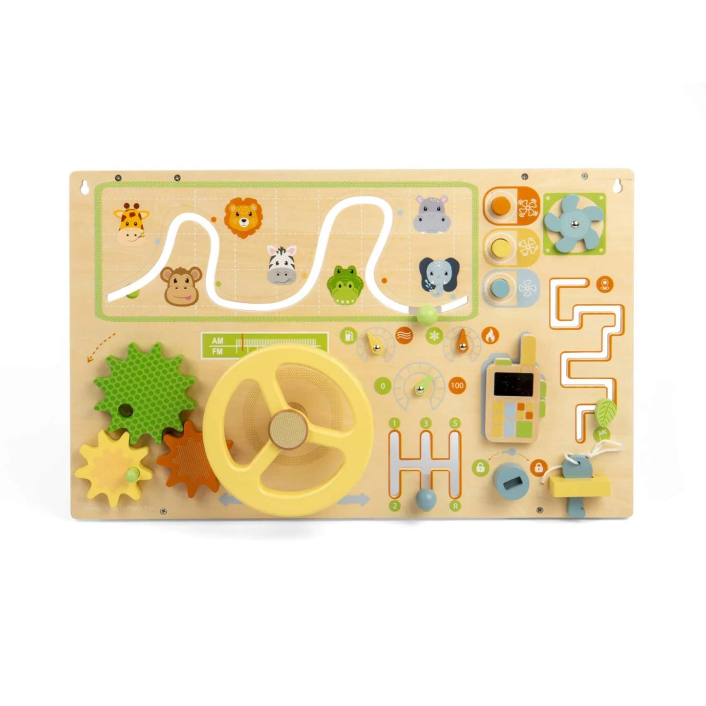 Front view of a wooden wall-mounted busy board with steering wheel, moving tracks, spinning gears, pretend phone and jungle animal graphics.