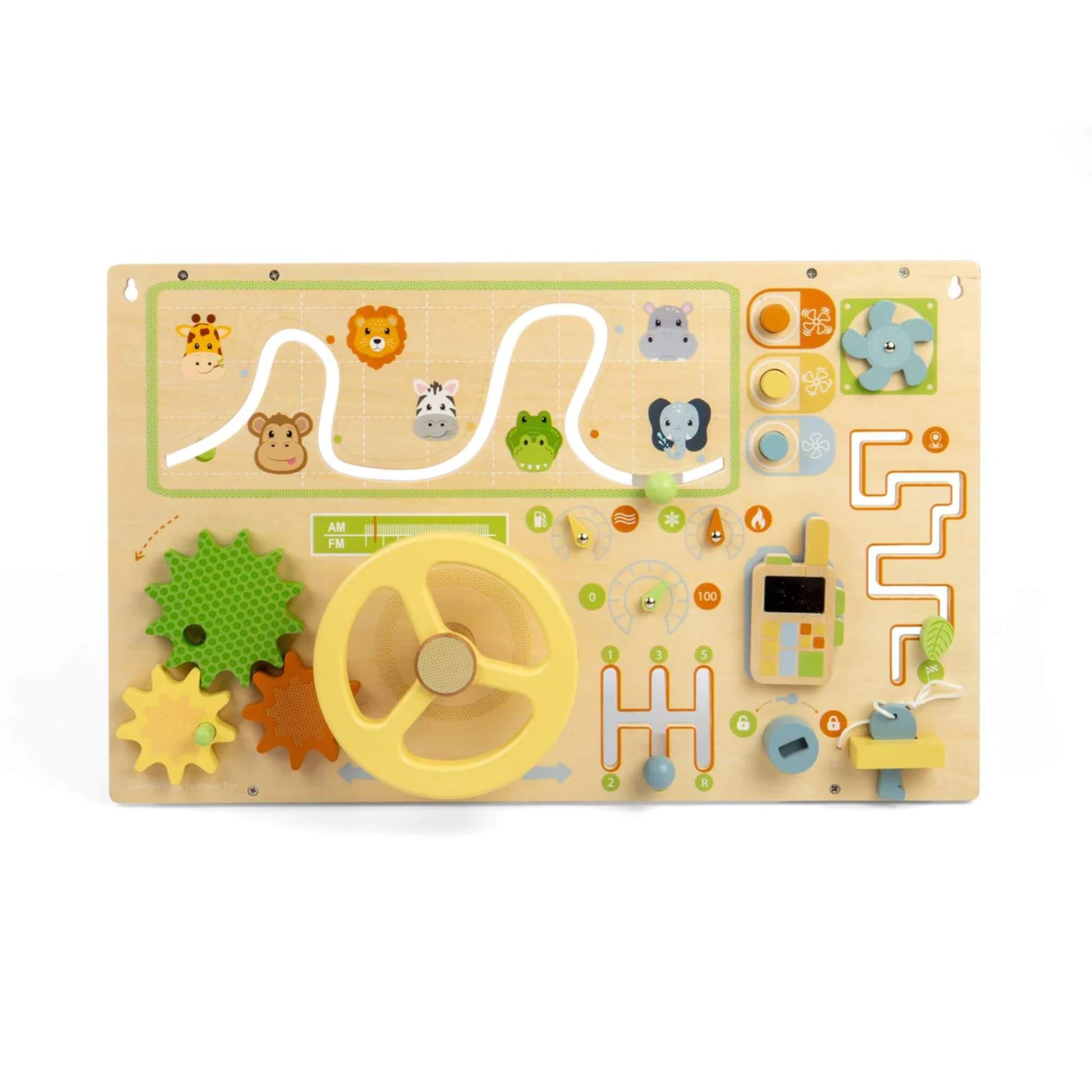 Front view of a wooden wall-mounted busy board with steering wheel, moving tracks, spinning gears, pretend phone and jungle animal graphics.