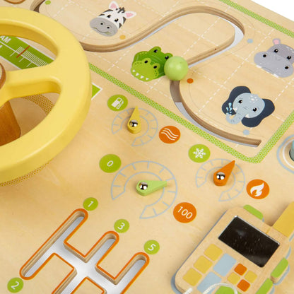 Close-up of a wooden steering wheel, moving bead maze and dashboard-style dials with animal illustrations on a sensory activity panel.