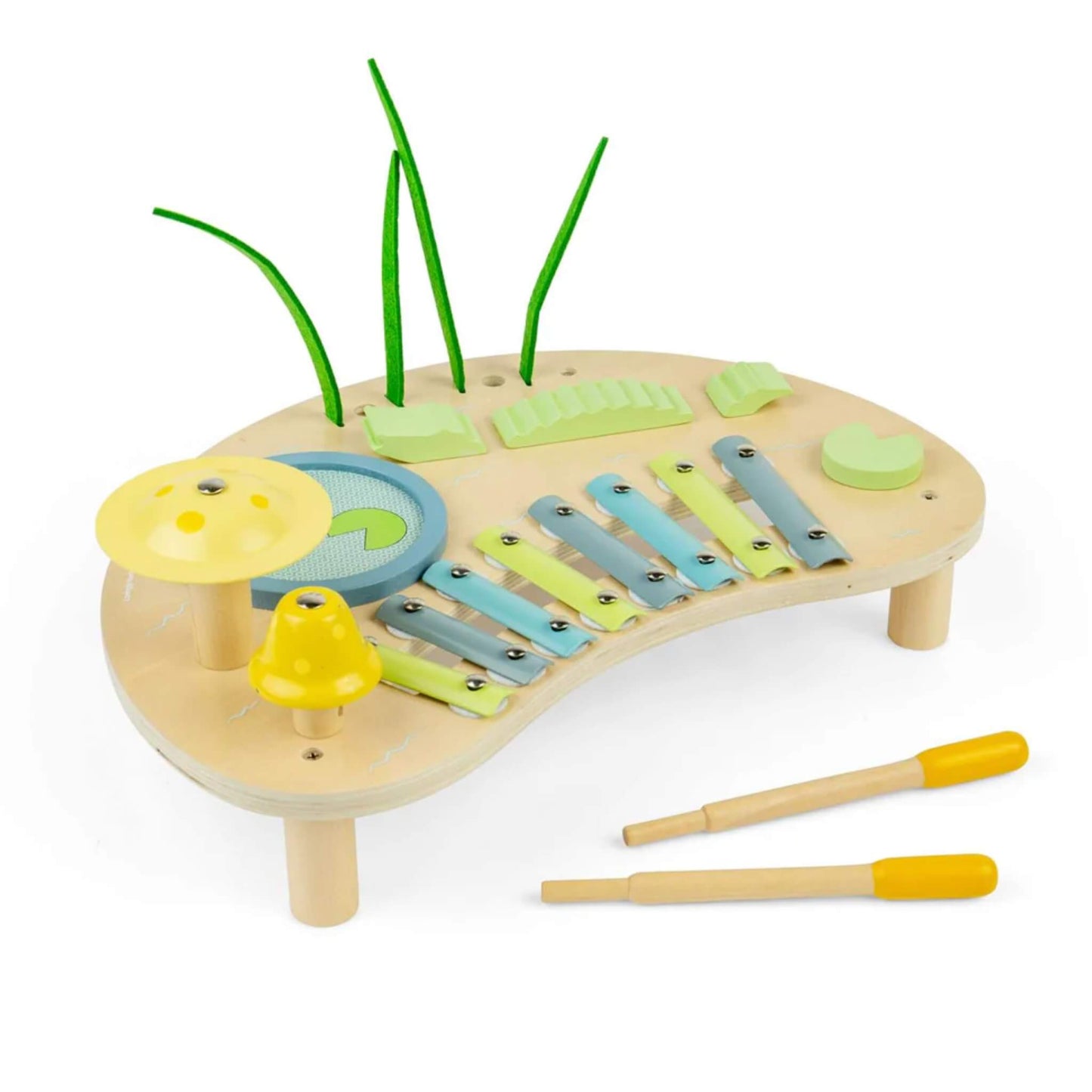 Bigjigs Toys Jungle Music Bench wooden toddler instrument set with metal xylophone keys, mushroom-shaped drums, felt grass details and two wooden beaters.