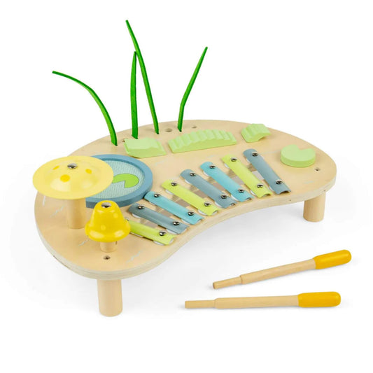 Bigjigs Toys Jungle Music Bench wooden toddler instrument set with metal xylophone keys, mushroom-shaped drums, felt grass details and two wooden beaters.