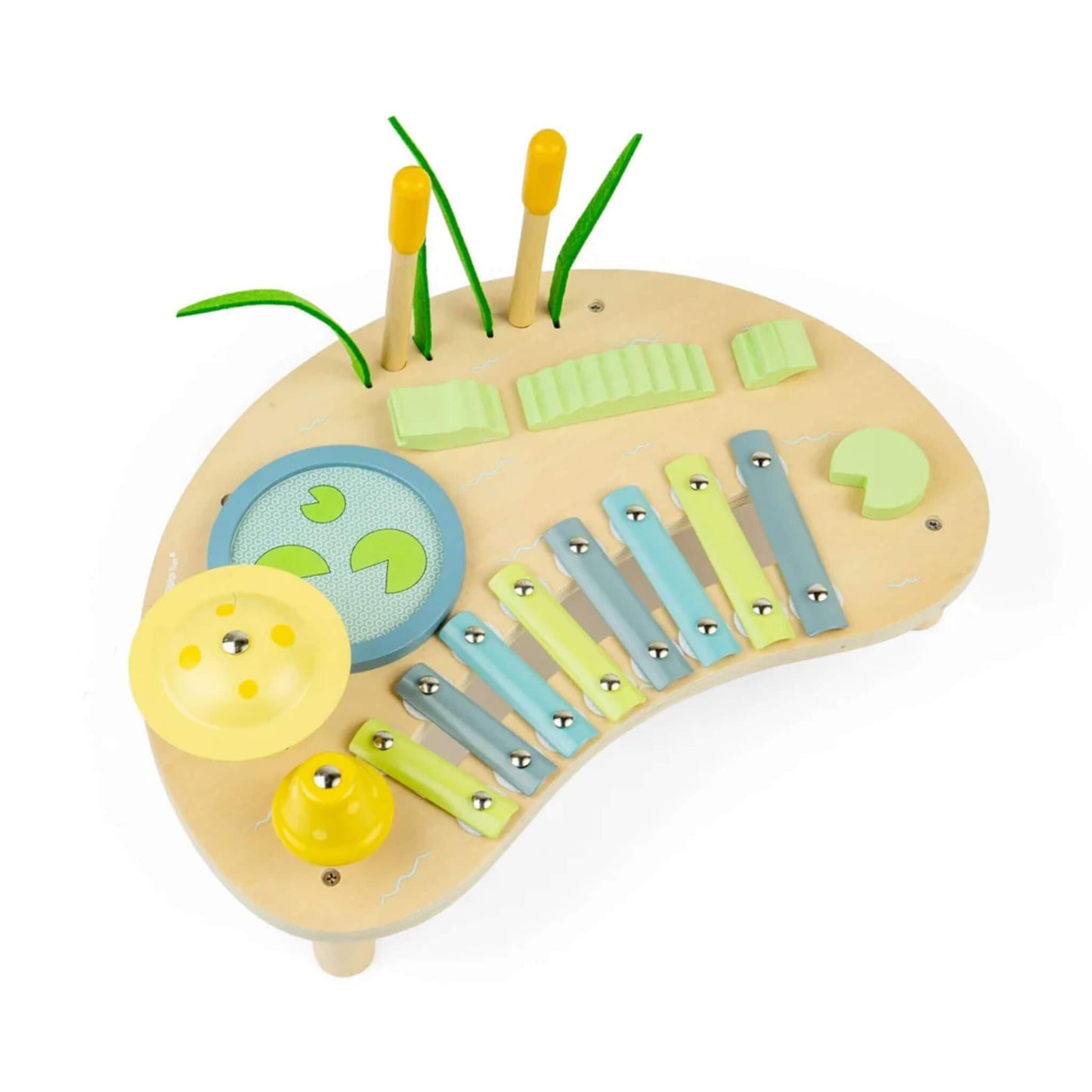 Top view of a wooden toddler music bench with metal xylophone keys, green felt grass stems, textured sensory panels and yellow mushroom-shaped percussion pieces.