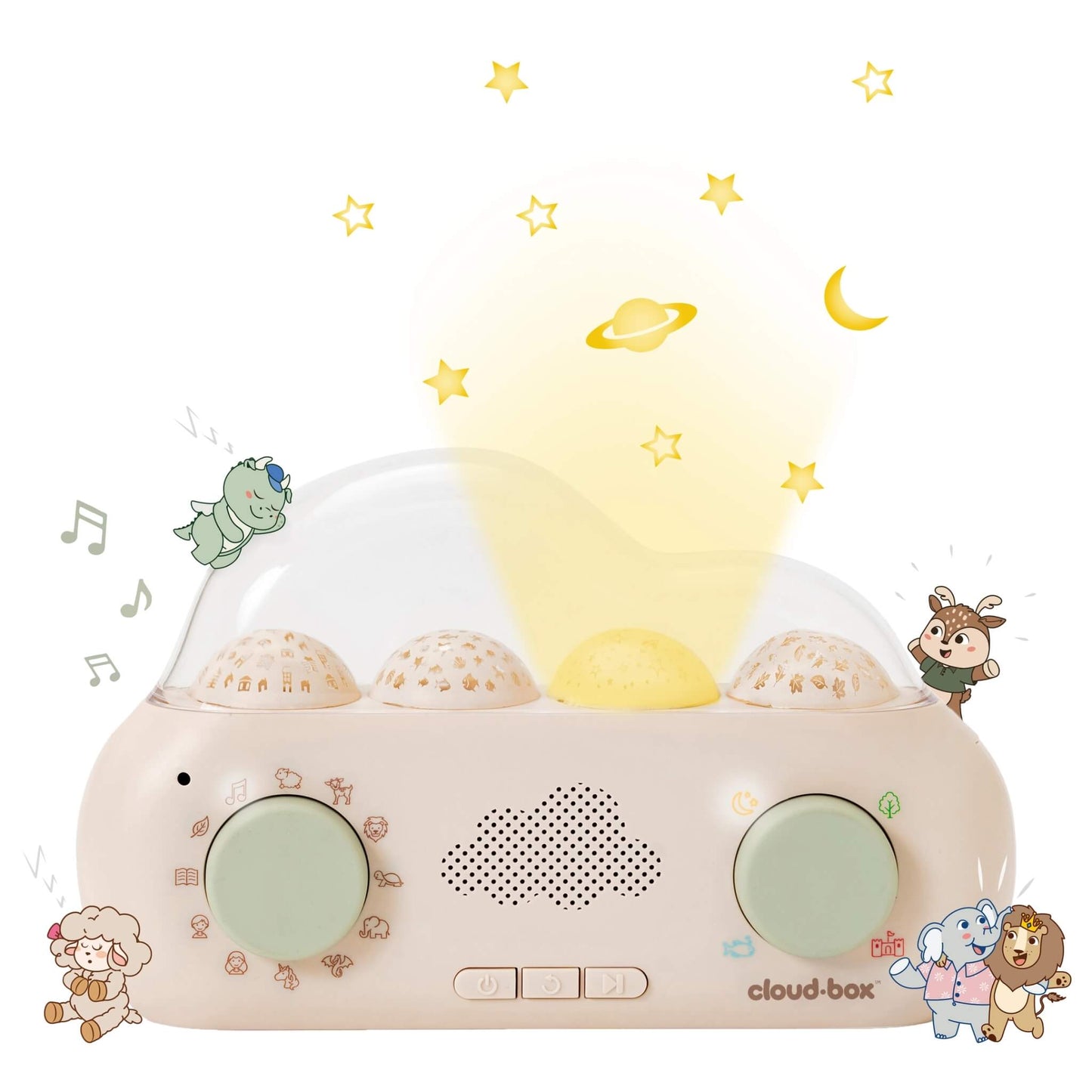 Cloud b CloudBox My First Dreambox shown from the front, with four domed projectors, two green dials and illustrated characters around it.