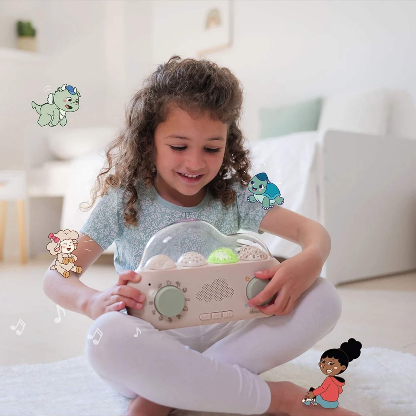 A smiling young girl sitting cross-legged and holding a CloudBox on her lap, with illustrated story characters surrounding her.