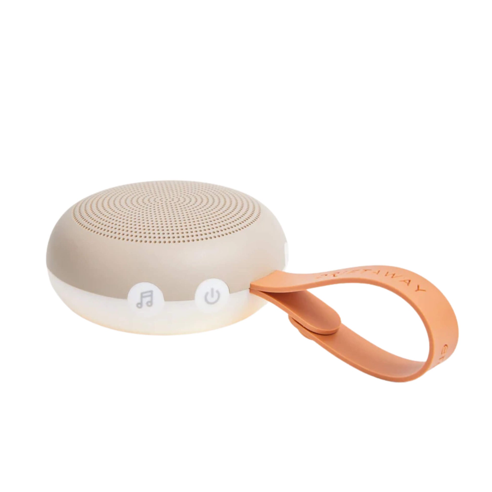 The ergoPouch Drift Away Portable White Noise and Nightlight Machine shown in taupe with a soft orange strap, featuring clear button controls and a compact, rounded design.