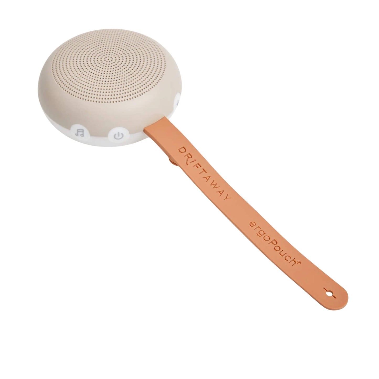 Portable taupe white noise machine attached to a flat surface by its orange strap, highlighting its slim, circular shape and simple button controls.