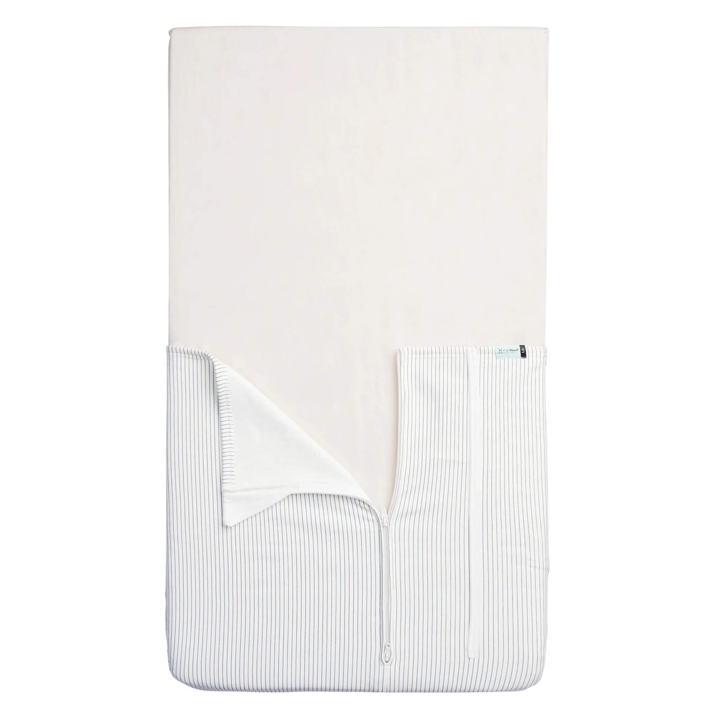 ergoPouch HugMe Blanket in midnight stripe, a TOG-rated fitted mattress sleeve that stays securely in place for safer newborn sleep.