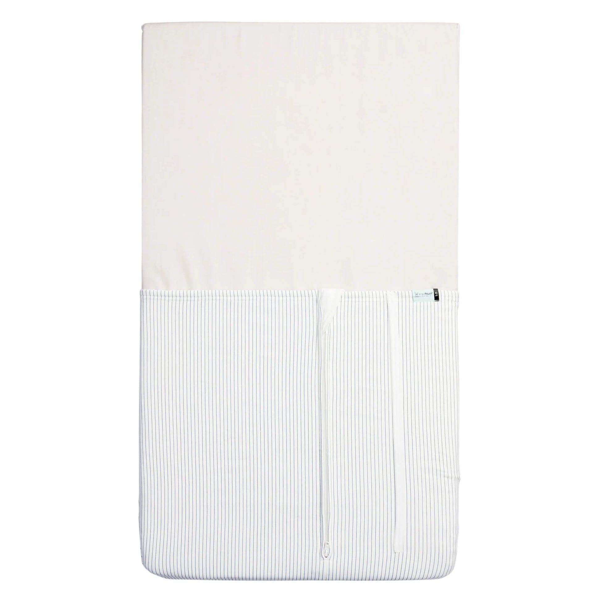 Flat lay of the HugMe Blanket in midnight stripe, with the zip closed to display its fitted sleeve style.