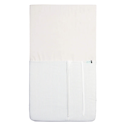 Flat lay of the HugMe Blanket in midnight stripe, with the zip closed to display its fitted sleeve style.