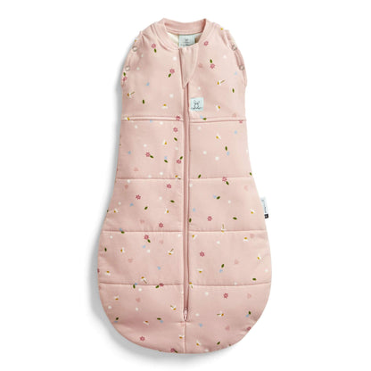 Pink ergoPouch Winter Cocoon Swaddle Bag (2.5 Tog) with delicate daisies print, zip-up front, bell-shaped bottom, and press studs.