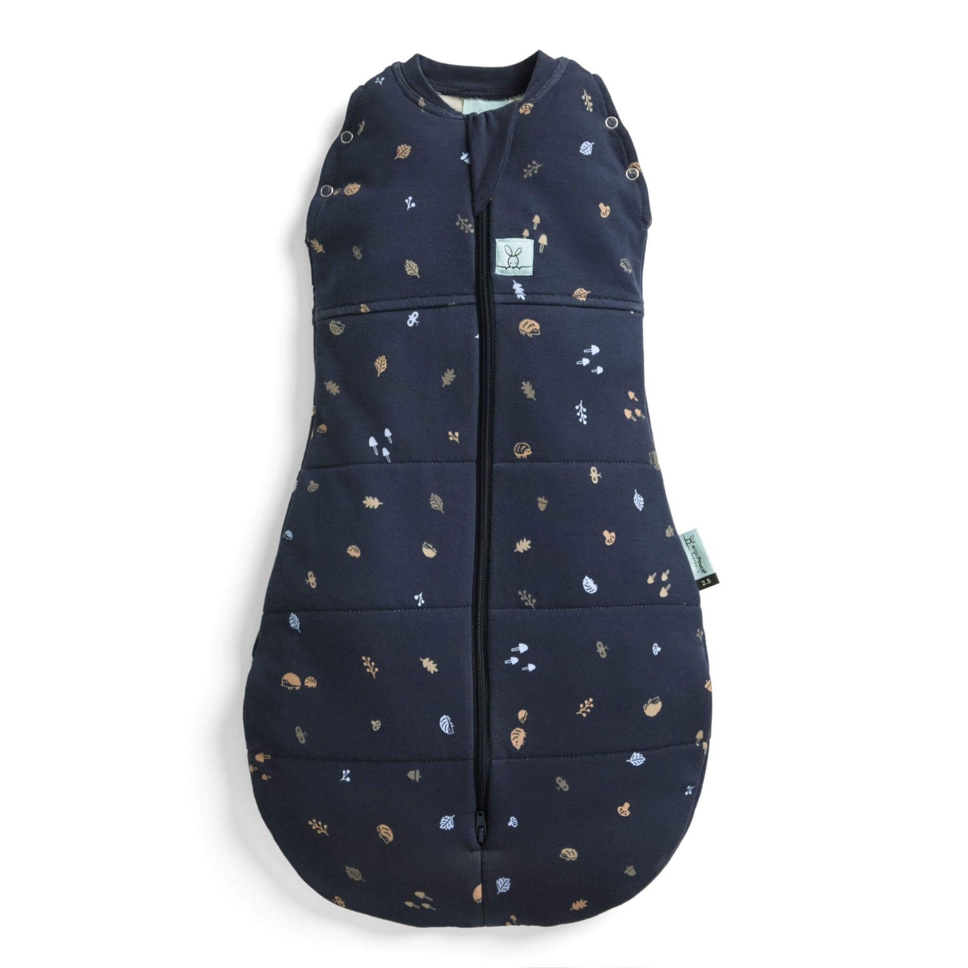 Navy ergoPouch Winter Cocoon Swaddle Bag (2.5 Tog) with delicate hedgehog print, zip-up front, bell-shaped bottom, and press studs.