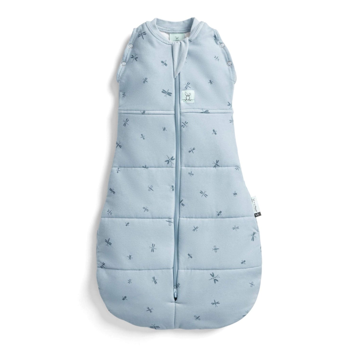 Blue ergoPouch Winter Cocoon Swaddle Bag (2.5 Tog) with delicate dragonflies print, zip-up front, bell-shaped bottom, and press studs.