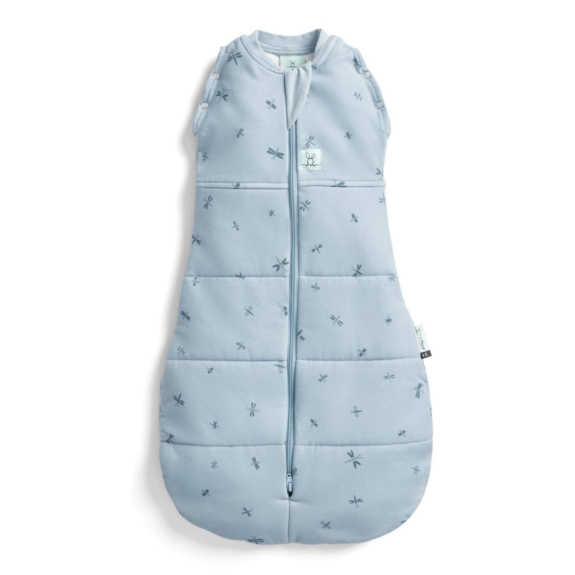 Blue ergoPouch Winter Cocoon Swaddle Bag (2.5 Tog) with delicate dragonflies print, zip-up front, bell-shaped bottom, and press studs.