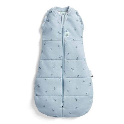 Blue ergoPouch Winter Cocoon Swaddle Bag (2.5 Tog) with delicate dragonflies print, zip-up front, bell-shaped bottom, and press studs.