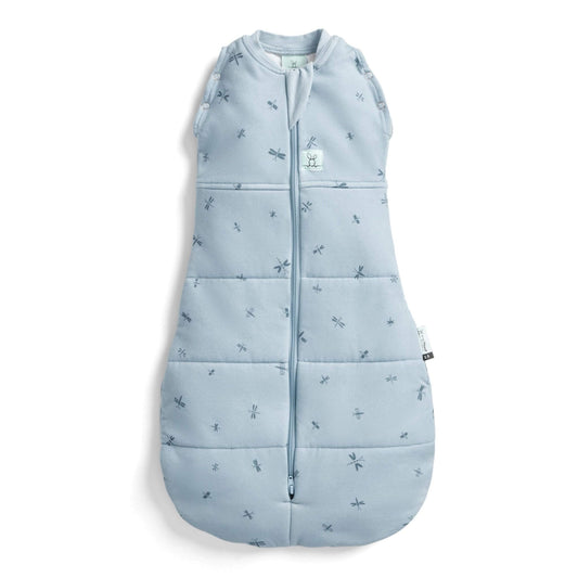 Blue ergoPouch Winter Cocoon Swaddle Bag (2.5 Tog) with delicate dragonflies print, zip-up front, bell-shaped bottom, and press studs.