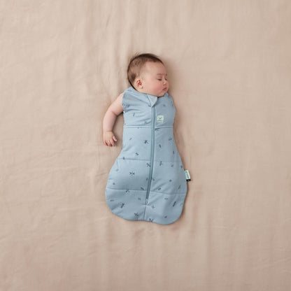 Baby lying comfortably in a blue swaddle Bag with a dragonflies design. Shown with one arm out.