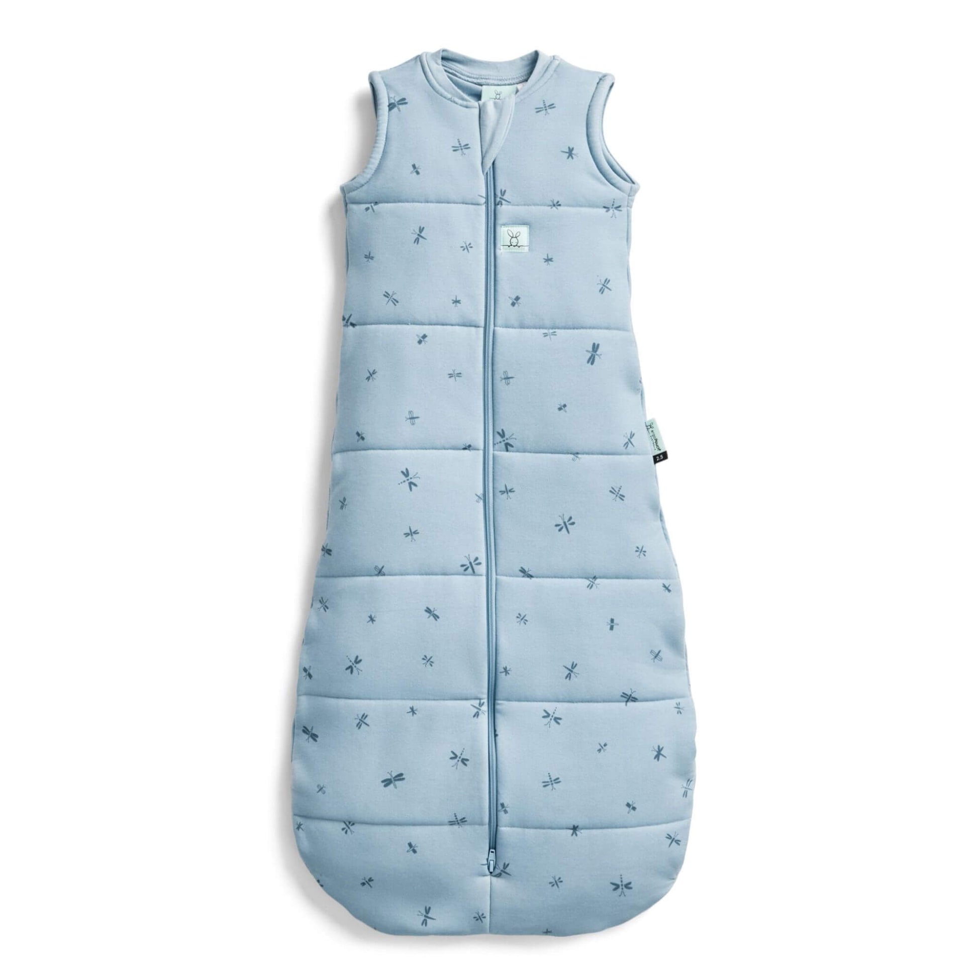 ErgoPouch Winter Jersey Sleeping Bag 2.5 TOG in Dragonflies print, featuring a soft organic cotton design with a zip-up front and bell-shaped bottom.