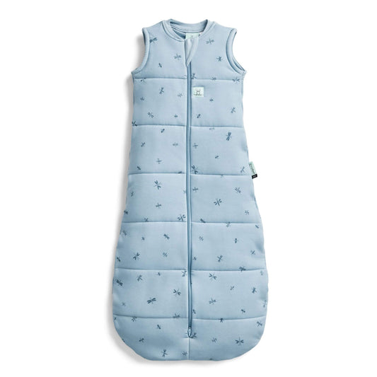 ErgoPouch Winter Jersey Sleeping Bag 2.5 TOG in Dragonflies print, featuring a soft organic cotton design with a zip-up front and bell-shaped bottom.