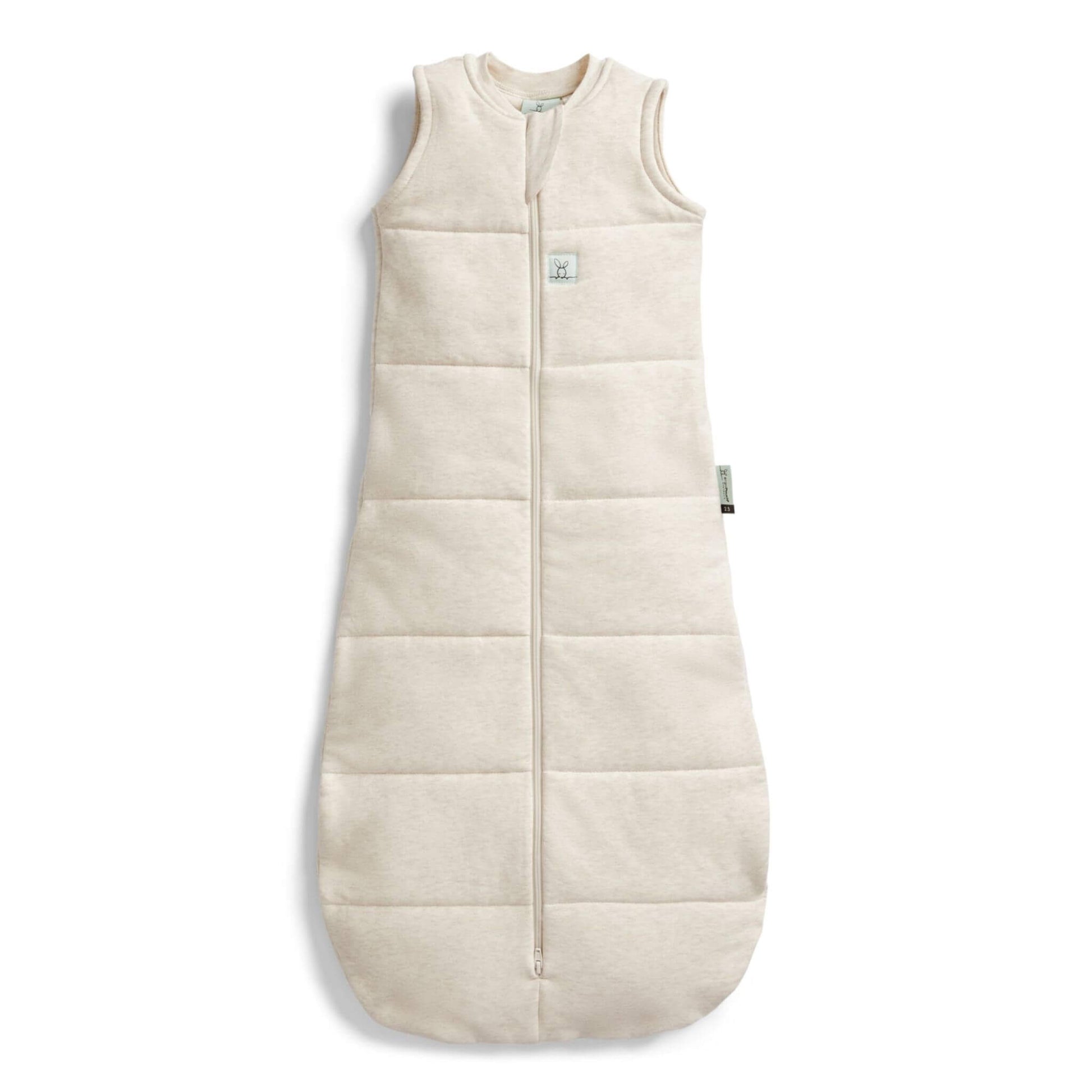 ErgoPouch Winter Jersey Sleeping Bag 2.5 TOG in Oatmeal, featuring a soft organic cotton design with a zip-up front and bell-shaped bottom.
