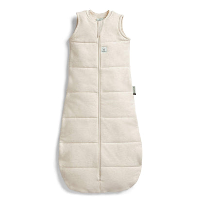ErgoPouch Winter Jersey Sleeping Bag 2.5 TOG in Oatmeal, featuring a soft organic cotton design with a zip-up front and bell-shaped bottom.