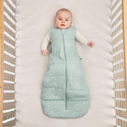 A baby lies in a cot wearing a sage green winter weight sleeping bag, with a central zip and small white patterns.