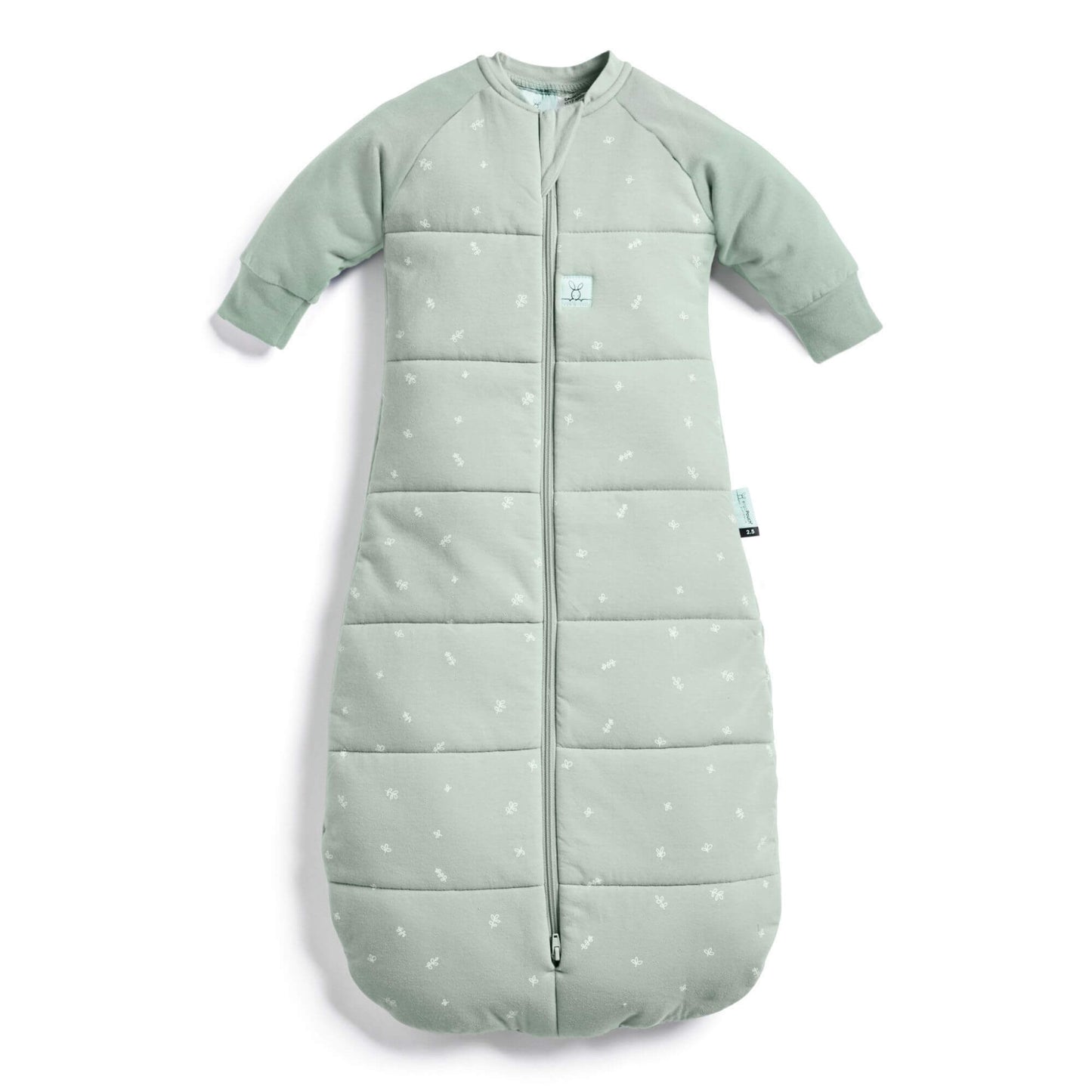 Sage green ergoPouch winter jersey sleeping bag, 3.5 TOG, quilted with long sleeves, central zip, and small white printed details.