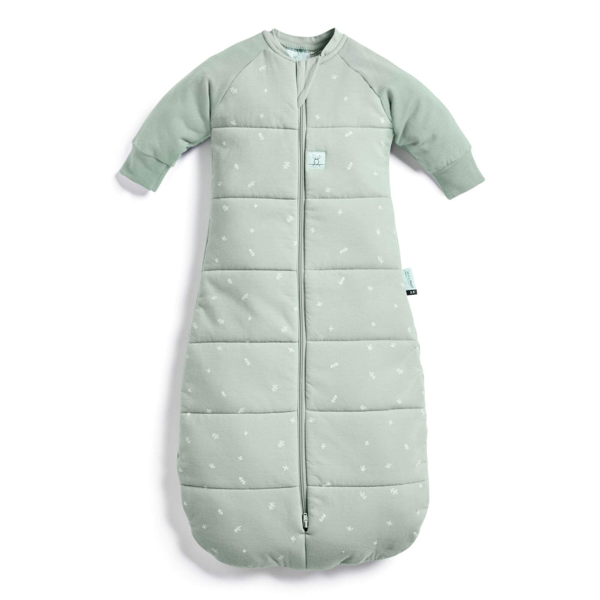 Sage green ergoPouch winter jersey sleeping bag, 3.5 TOG, quilted with long sleeves, central zip, and small white printed details.