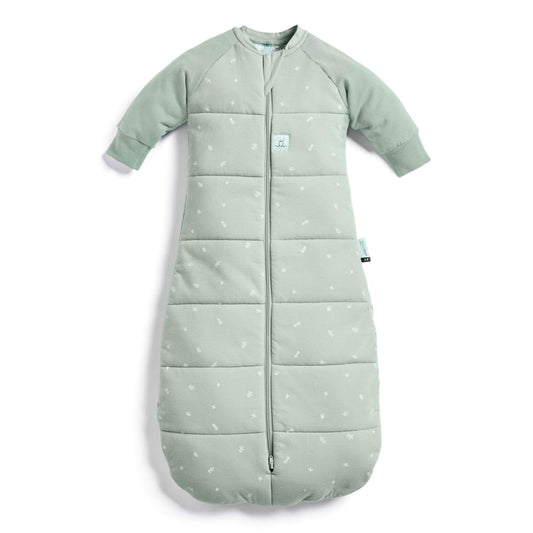 Sage green ergoPouch winter jersey sleeping bag, 3.5 TOG, quilted with long sleeves, central zip, and small white printed details.