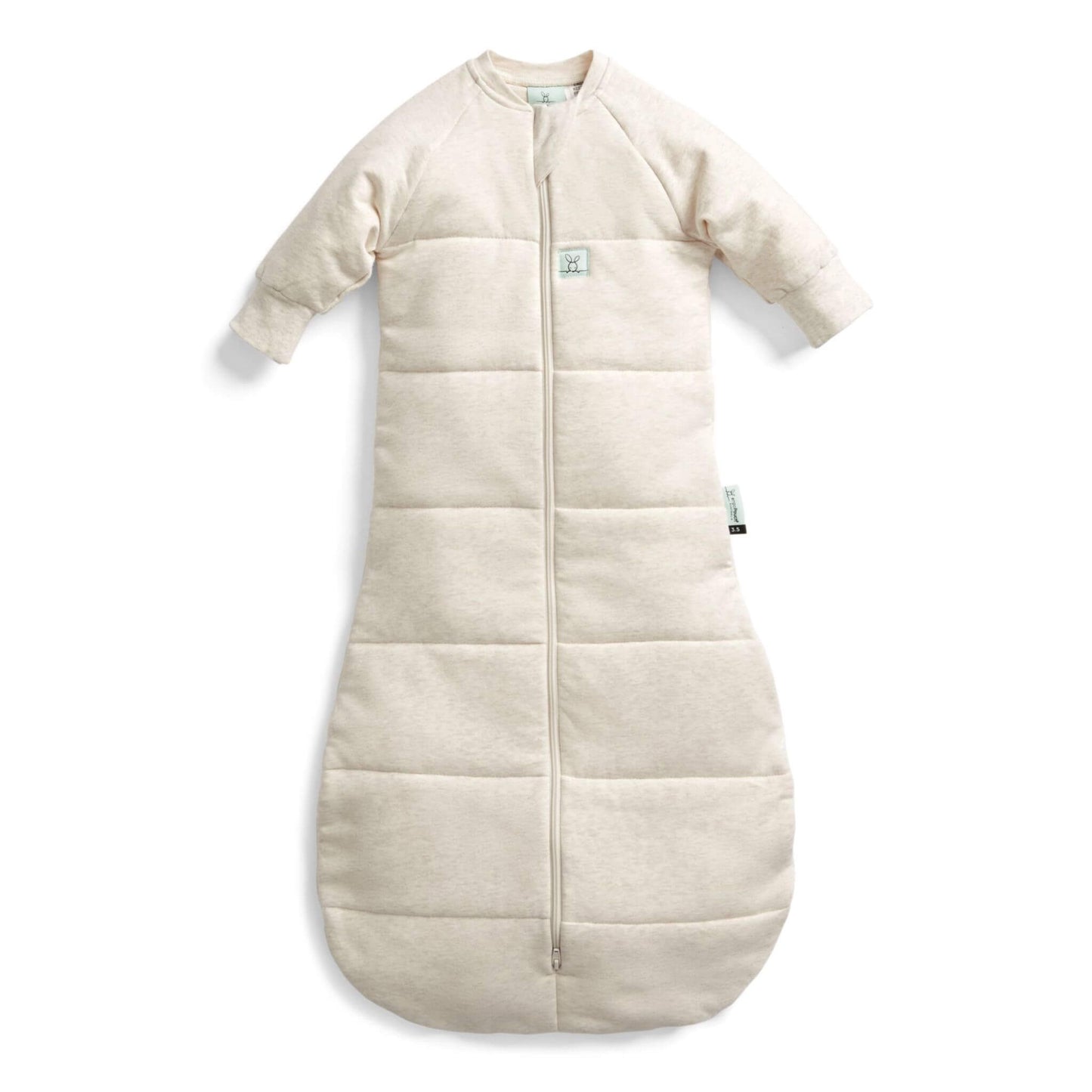 ErgoPouch Winter Jersey Long Sleeved Sleeping Bag 2.5 TOG in Oatmeal, featuring a cosy zip-up design and bell-shaped bottom for comfort.
