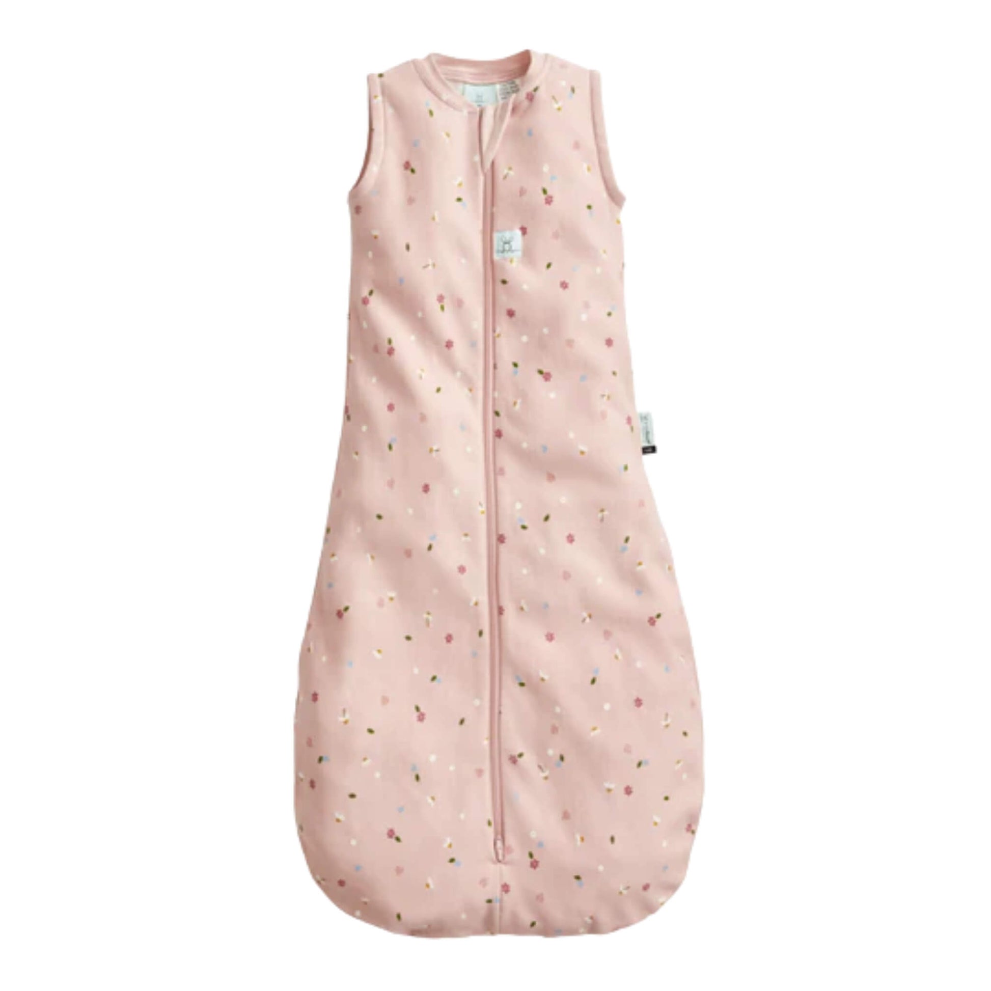 The ergoPouch All Year Jersey Sleeping Bag 1.0 TOG in the Daisies design, a sleeveless pink baby sleeping bag with a front zip and delicate floral print.