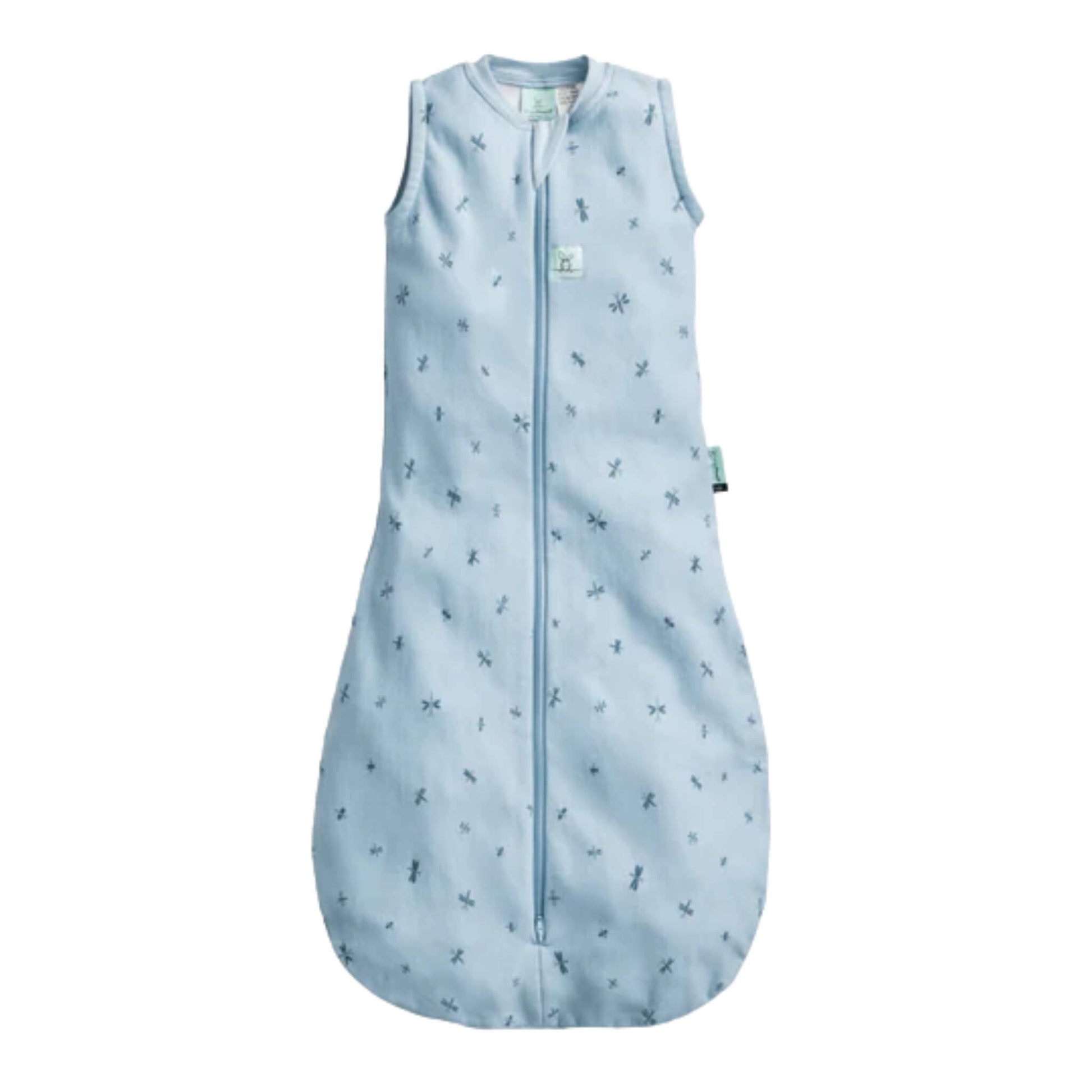 The ergoPouch All Year Jersey Sleeping Bag 1.0 TOG in the Dragonflies design, a sleeveless blue baby sleeping bag with a front zip and dragonfly print.