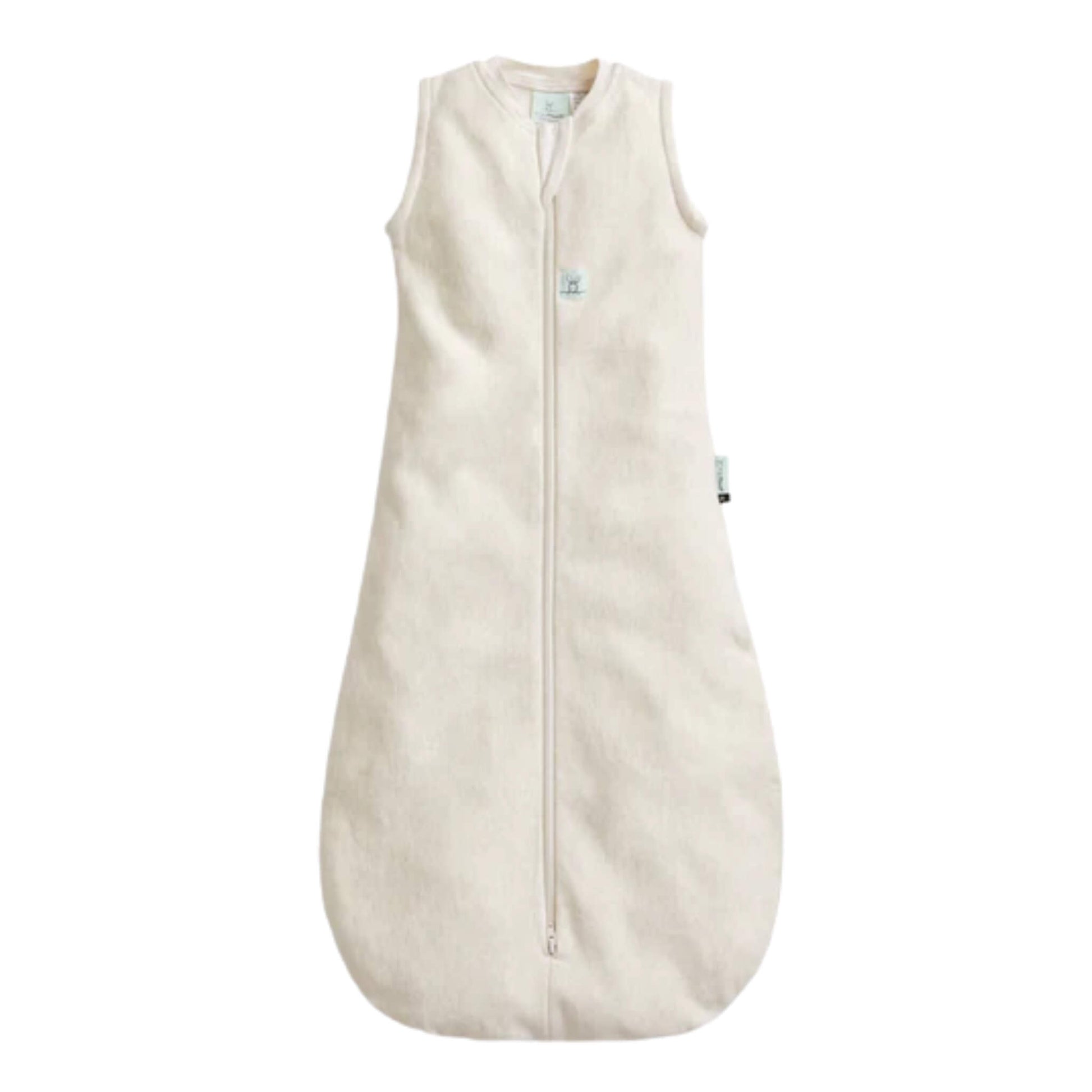 The ergoPouch All Year Jersey Sleeping Bag 1.0 TOG in the Oatmeal design, a sleeveless cream baby sleeping bag with a full-length front zip.