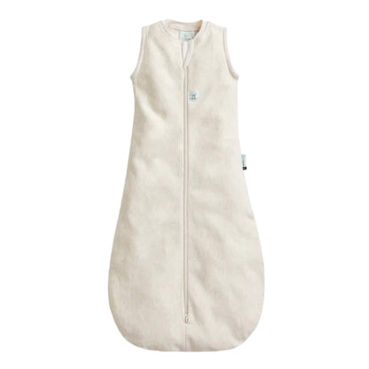 The ergoPouch All Year Jersey Sleeping Bag 1.0 TOG in the Oatmeal design, a sleeveless cream baby sleeping bag with a full-length front zip.