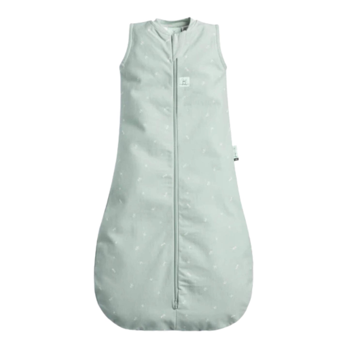 The ergoPouch All Year Jersey Sleeping Bag 1.0 TOG in Sage, a sleeveless pale green baby sleeping bag with a zip front and subtle white pattern.