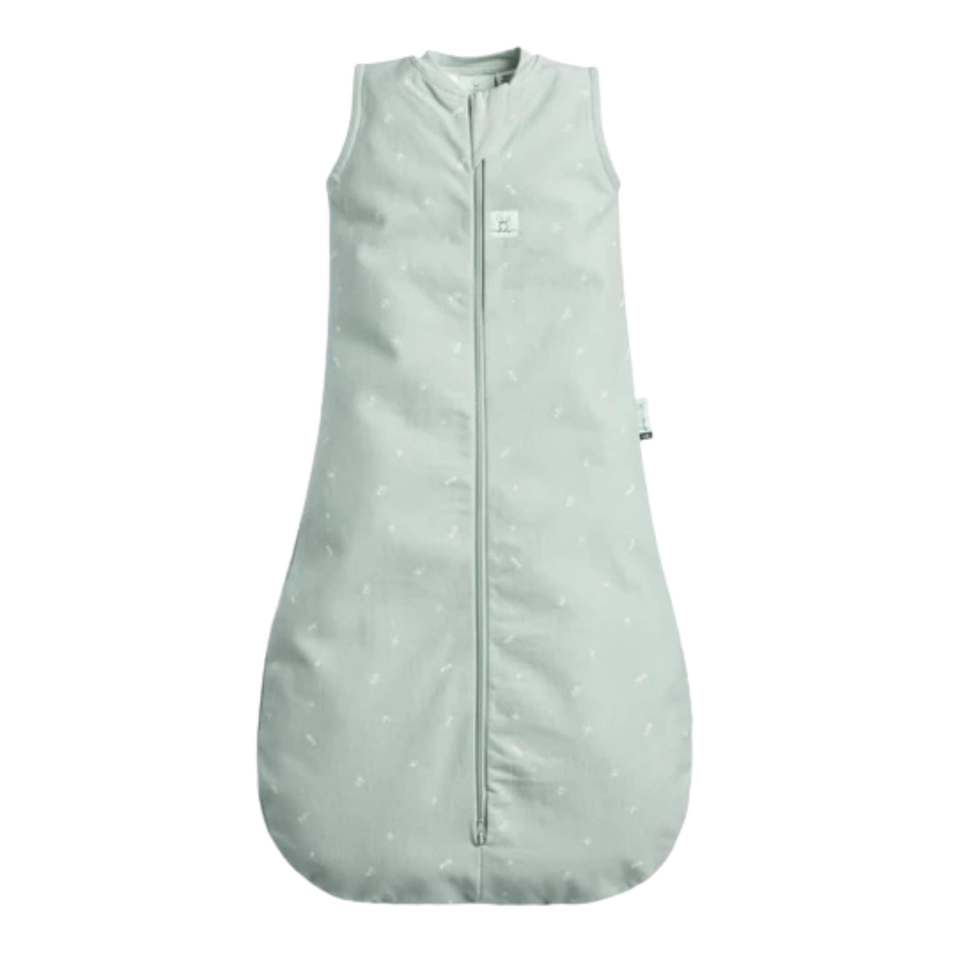The ergoPouch All Year Jersey Sleeping Bag 1.0 TOG in Sage, a sleeveless pale green baby sleeping bag with a zip front and subtle white pattern.
