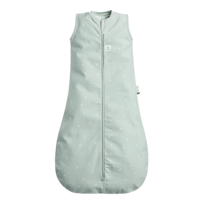 The ergoPouch All Year Jersey Sleeping Bag 1.0 TOG in Sage, a sleeveless pale green baby sleeping bag with a zip front and subtle white pattern.