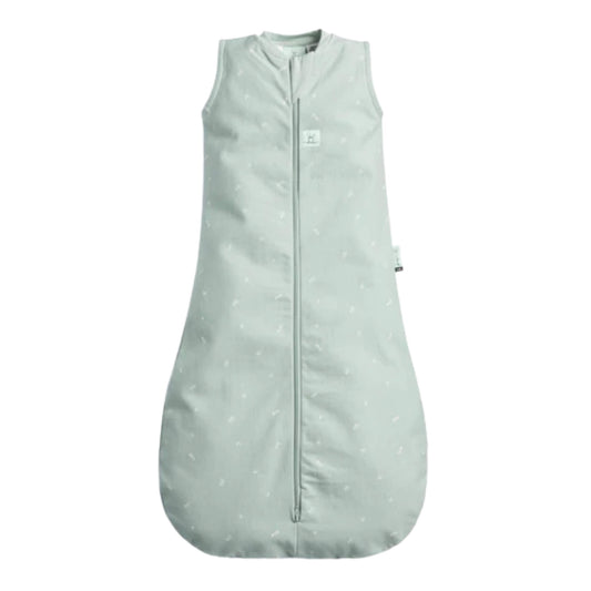 The ergoPouch All Year Jersey Sleeping Bag 1.0 TOG in Sage, a sleeveless pale green baby sleeping bag with a zip front and subtle white pattern.