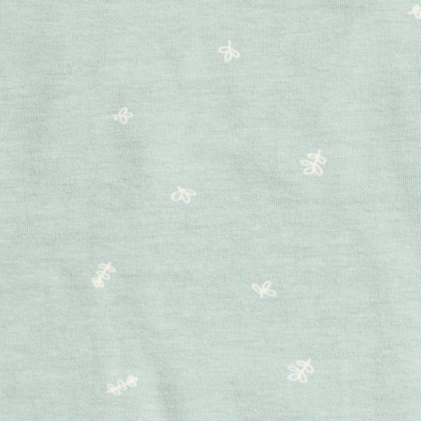 Close-up of pale sage green fabric with a scattered white line-drawn insect pattern.