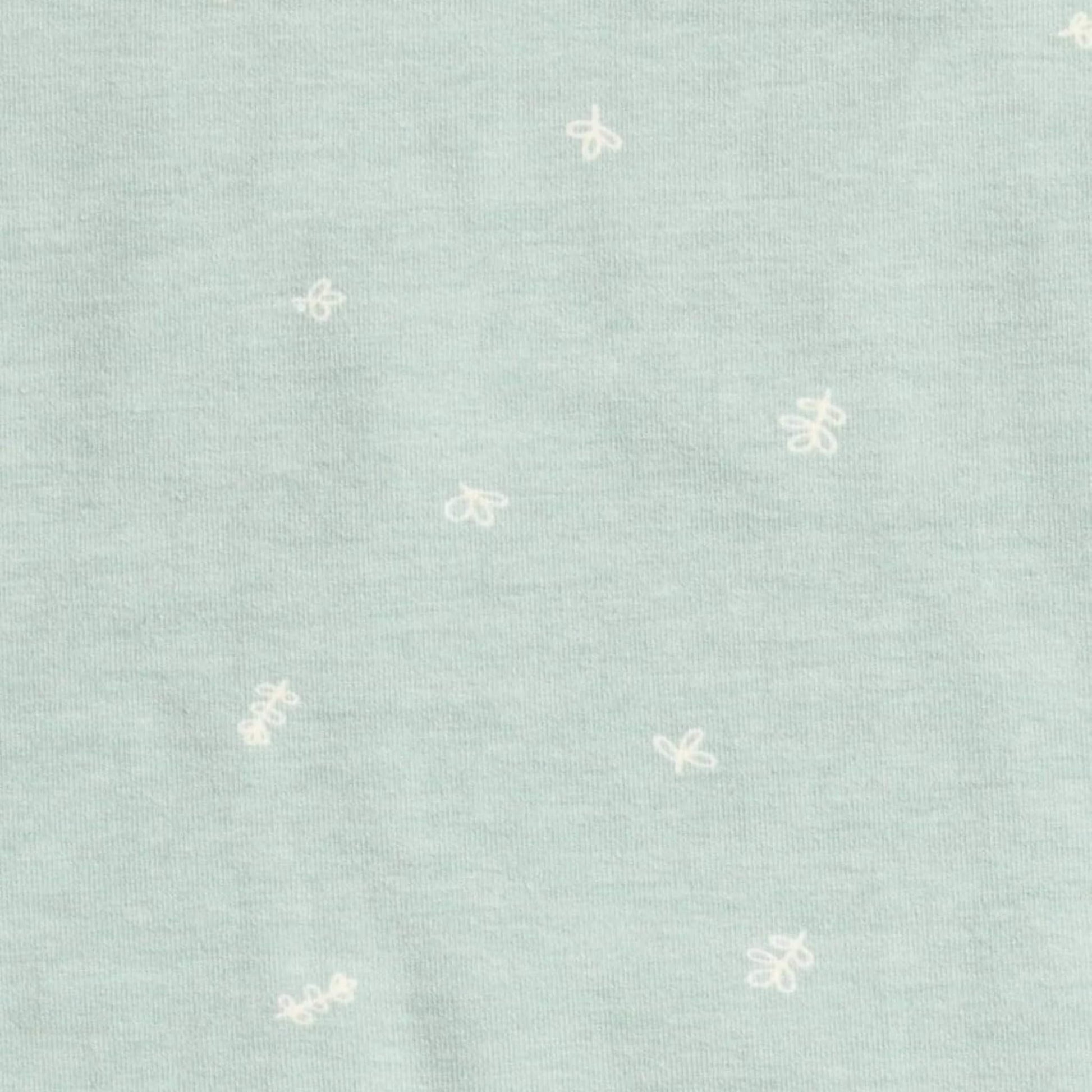 Close-up of pale sage green fabric with a scattered white line-drawn insect pattern.