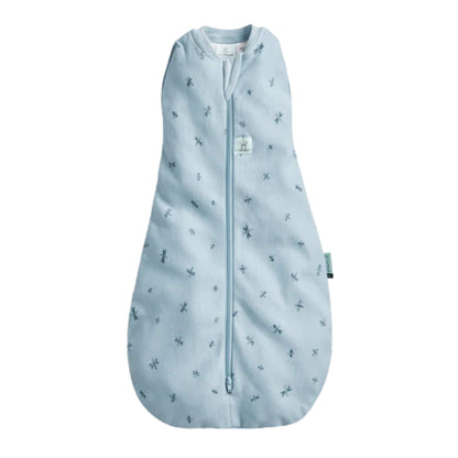 Ergopouch Summer Cocoon Swaddle Bag in the Dragonflies print displayed flat with a zip down the centre.