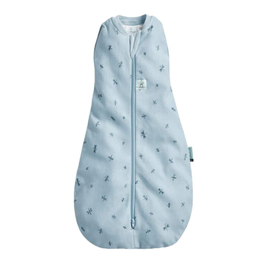 Ergopouch Summer Cocoon Swaddle Bag in the Dragonflies print displayed flat with a zip down the centre.