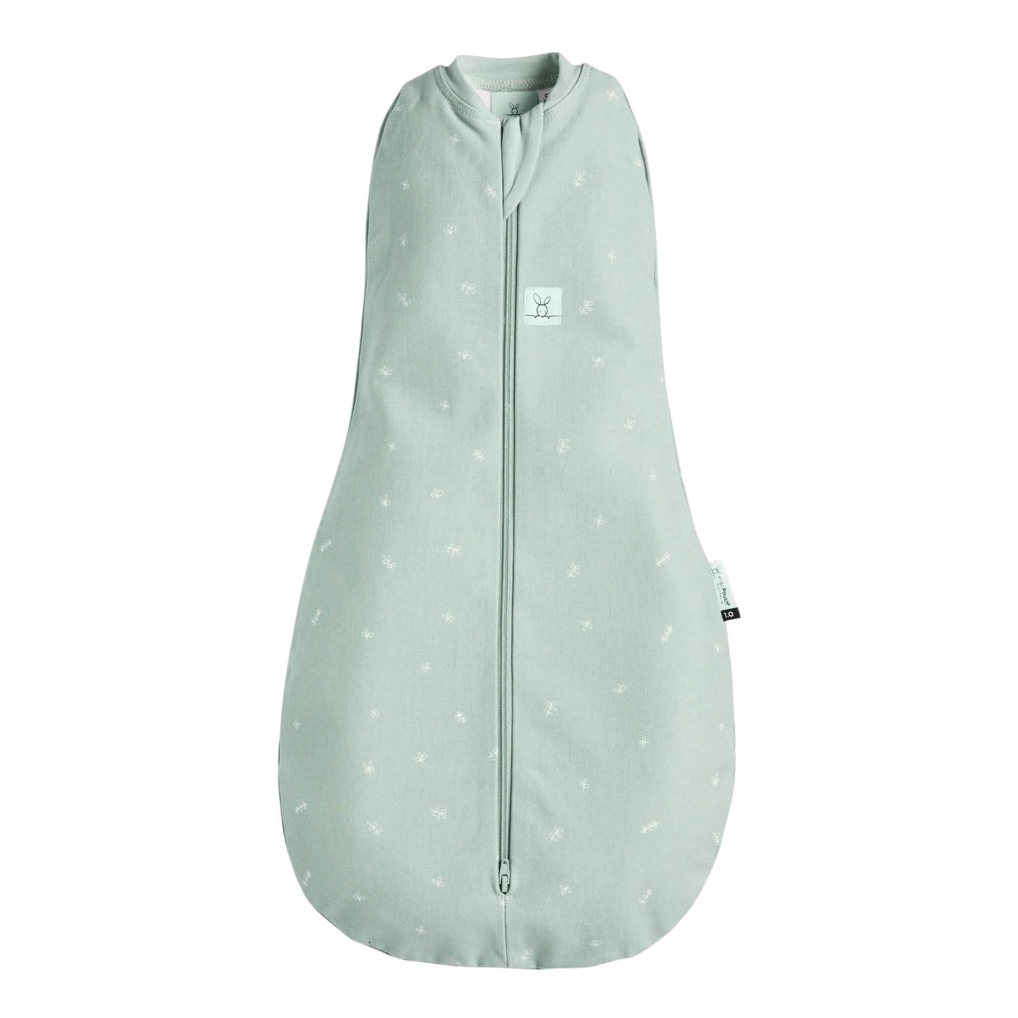 Ergopouch Summer Cocoon Swaddle Bag in sage green, decorated with a white leaf pattern, shown flat with a central zip and soft cotton finish.