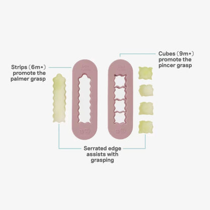 Infographic showing baby-led weaning food cutters creating finger-length strips for palmar grasp and small cubes for pincer grasp development.