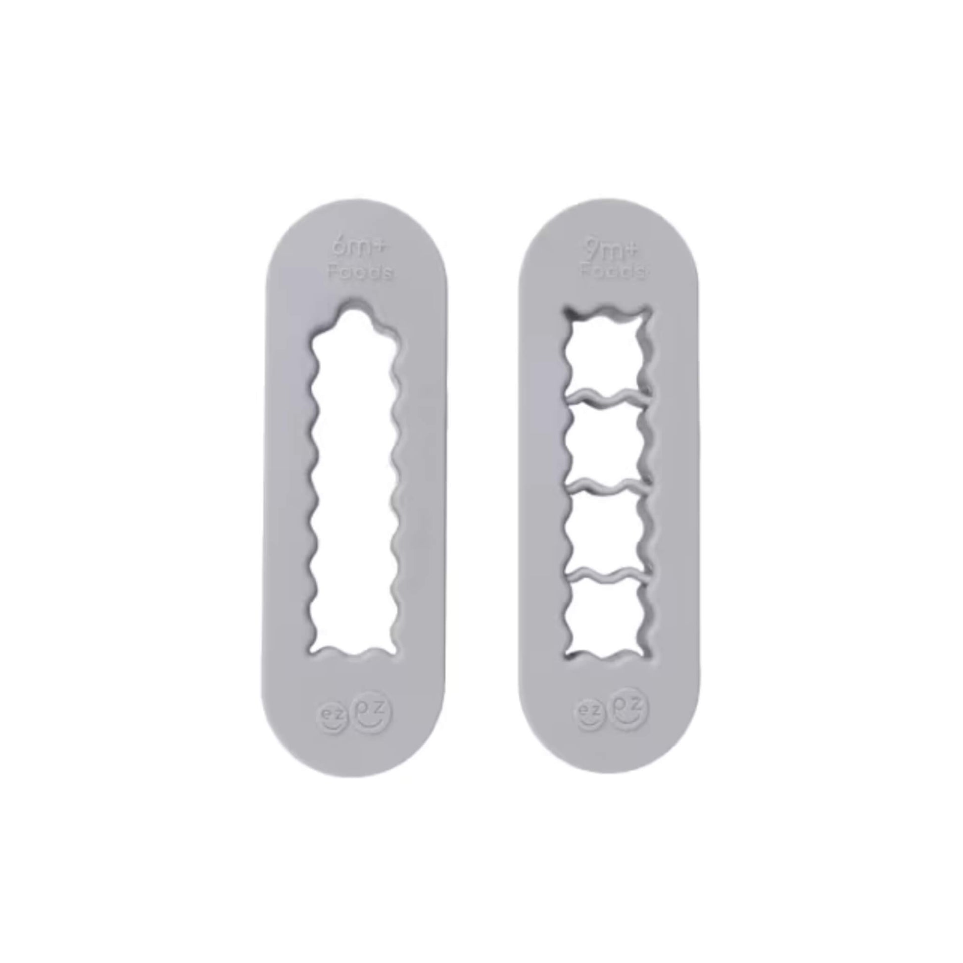 Pewter grey ezpz Food Cutters baby-led weaning prep tools with strip cutter for 6m+ foods and cube cutter for 9m+ foods.