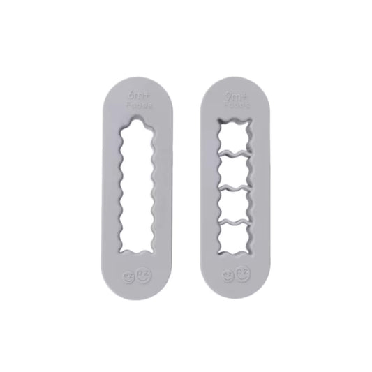 Pewter grey ezpz Food Cutters baby-led weaning prep tools with strip cutter for 6m+ foods and cube cutter for 9m+ foods.