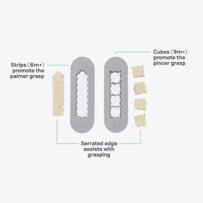 Infographic showing baby-led weaning food cutters creating finger-length strips for palmar grasp and small cubes for pincer grasp development.