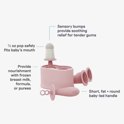 Product diagram showing baby popsicle mould features including sensory bumps for teething relief, baby-sized portion and easy-grip handle.