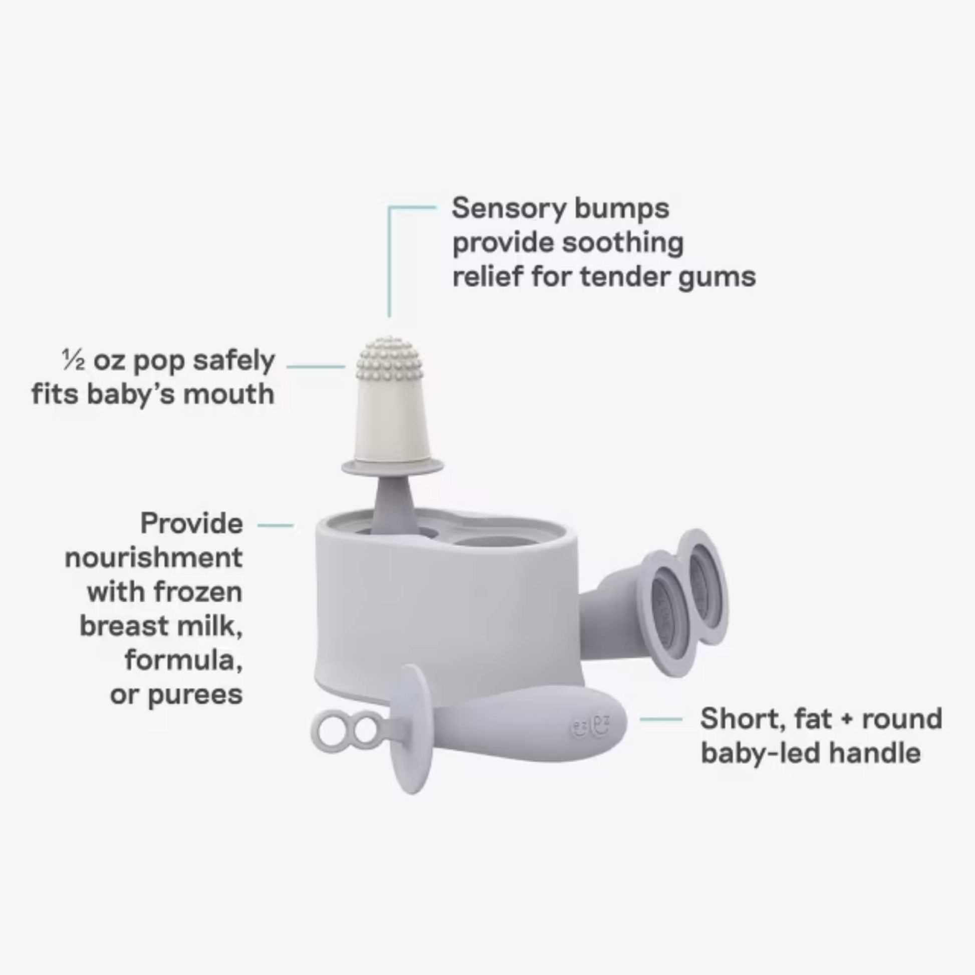 Infographic showing silicone baby popsicle mould with sensory bumps, baby-sized portion design and easy-grip handle.