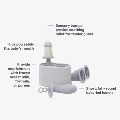 Infographic showing silicone baby popsicle mould with sensory bumps, baby-sized portion design and easy-grip handle.
